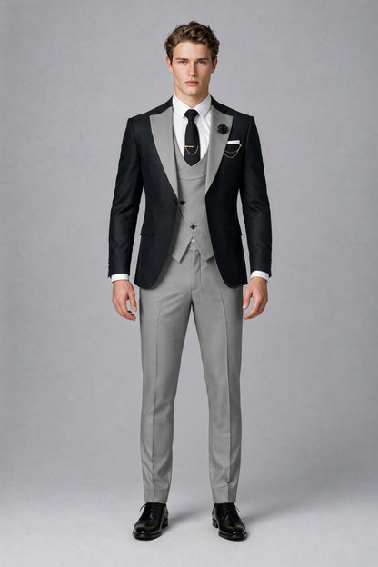 Savile Men's Black & Gray Three-Piece Wedding Suit - Gray