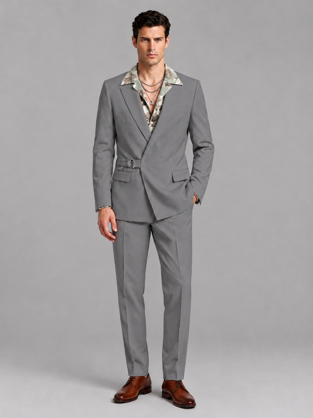 Savile Men's Gray Belted Wrap 2-Piece Suit – Peak Lapel Blazer & Tailored Trousers - SUC060 - Gray - Gray_2