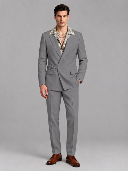 Savile Men's Gray Belted Wrap 2-Piece Suit – Peak Lapel Blazer & Tailored Trousers - SUC060 - Gray - Gray_2