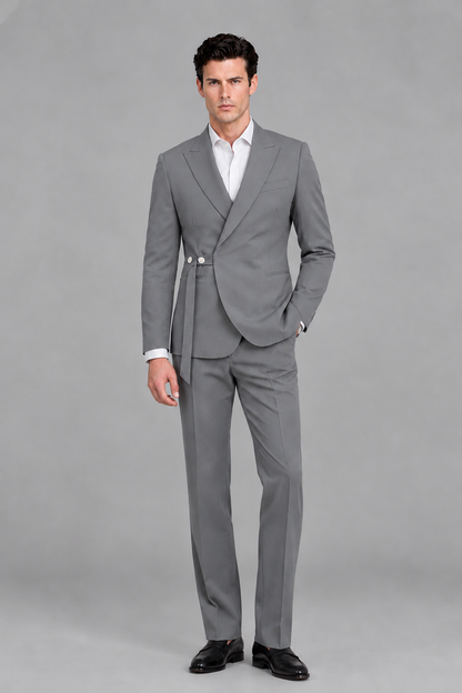 Savile Men's Modern Gray 2-Piece Wrap Suit Set – Peak Lapel Side-Button Blazer & Tailored Trousers - Gray - Gray_2