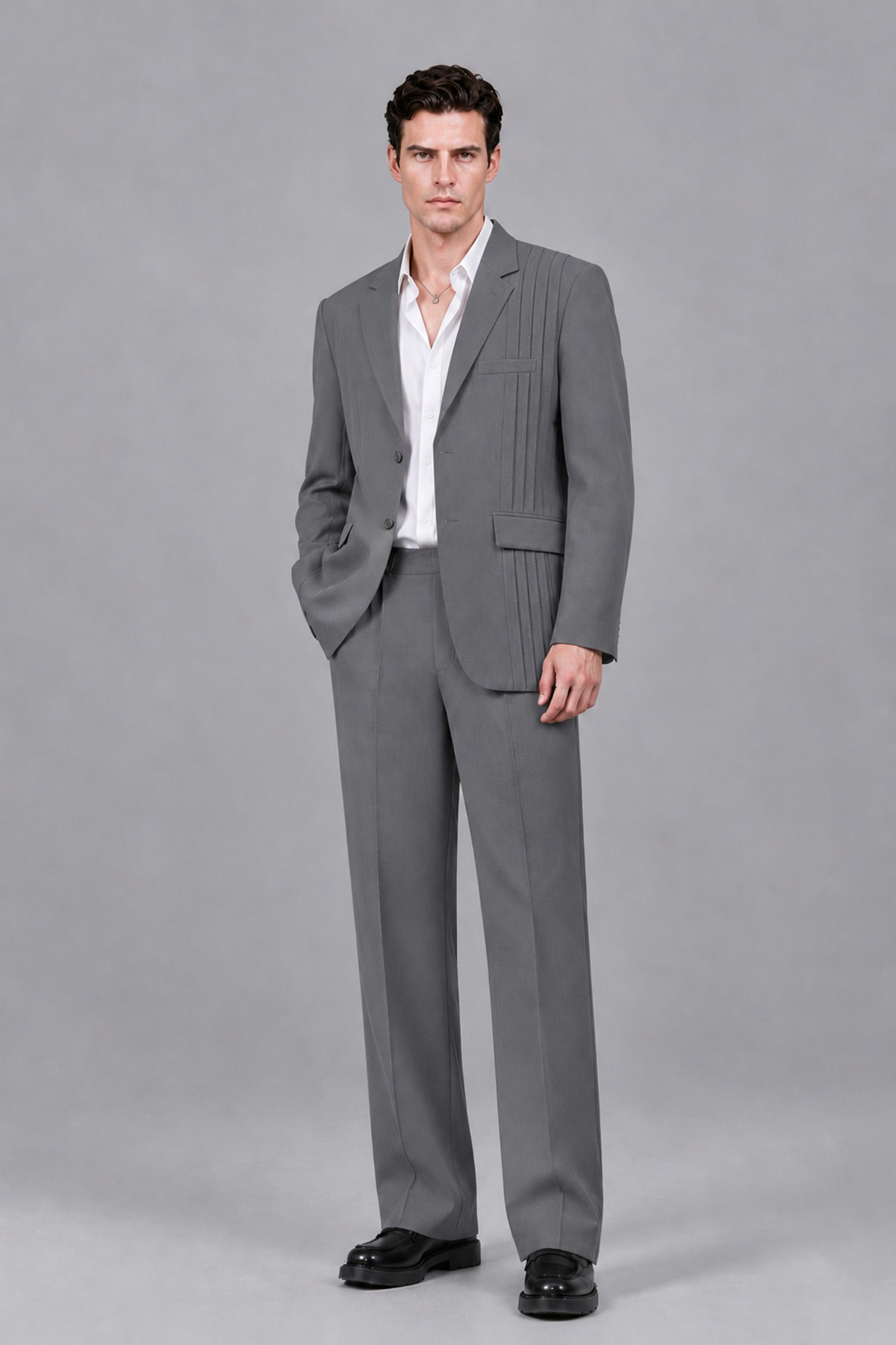 Savile Men's Gray Pleated 2-Piece Suit Set | Notch Lapel Blazer & Tailored Trousers - Gray - Gray_2