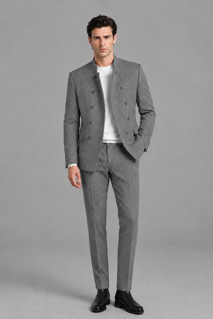 Savile Men's Gray Stand Collar Double Breasted Slim Fit 2-Piece Suit Set – Jacket & Trousers | Wedding Gala Formal - Gray