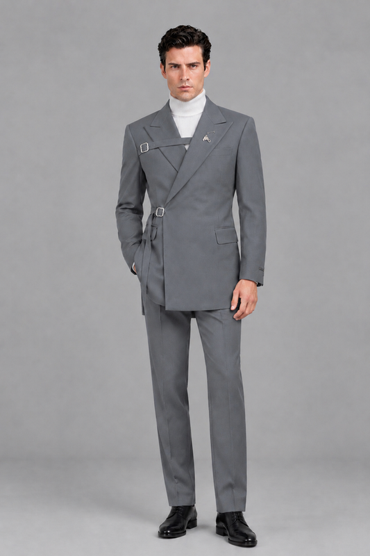 Savile Men's Gray Double Buckle Wrap Belted 2-Piece Suit Set – Peak Lapel Slim-Fit Jacket & Trousers - Gray - Gray_2