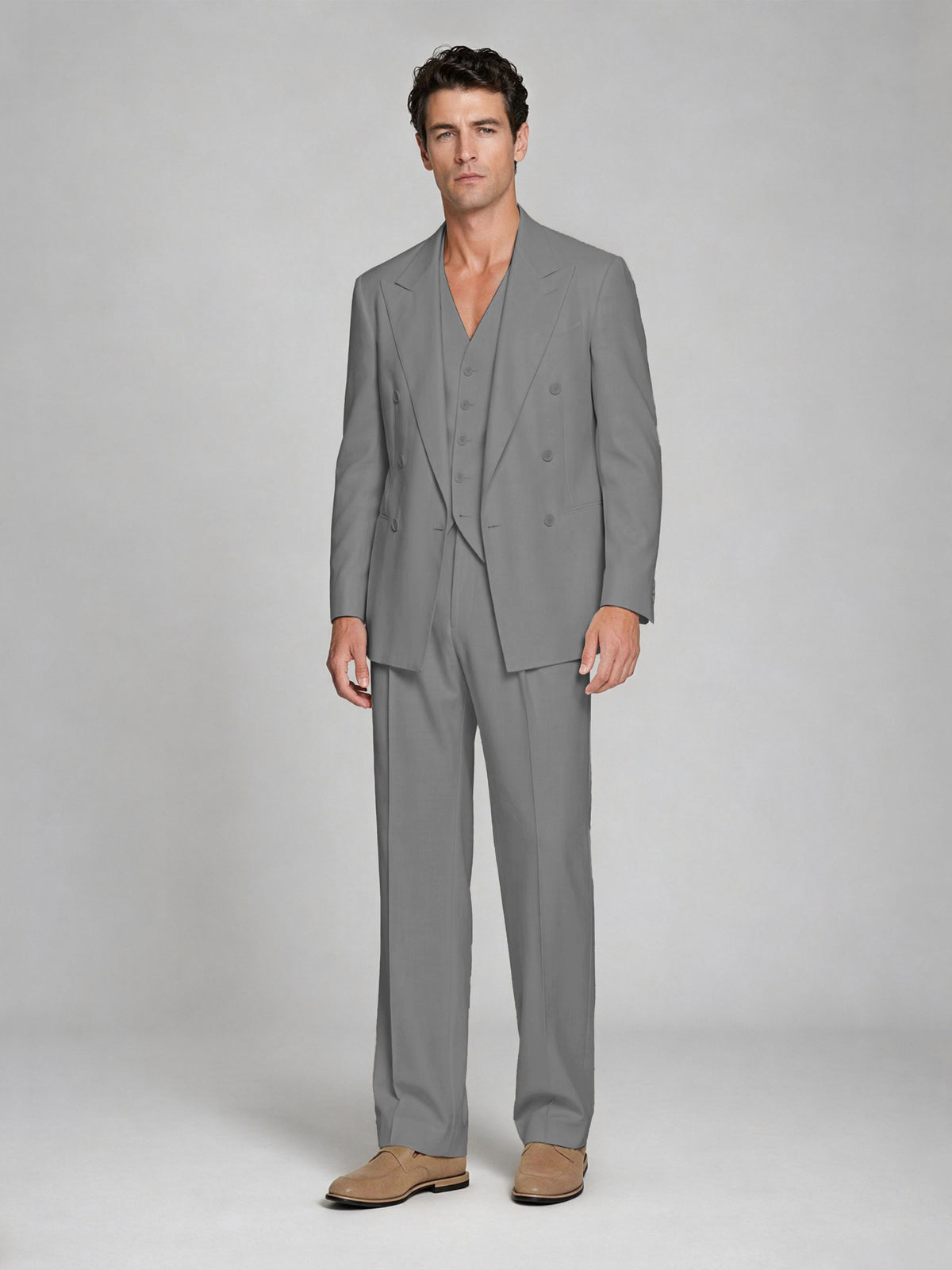 Men's Gray Double-Breasted 2-Piece Suit – Peak Lapel Wedding & Beach Formal Set with Vest - Gray