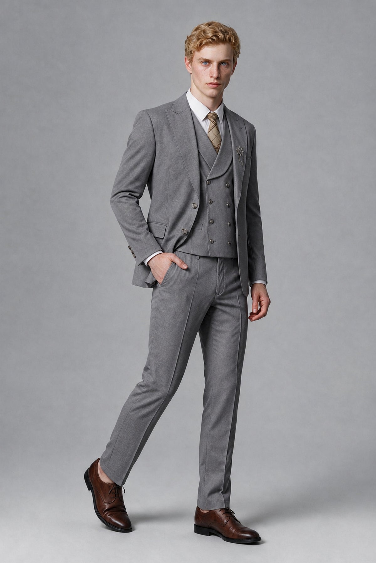 Savile Men's Gray Three-Piece Wedding Suit with Double-Breasted Waistcoat - Gray