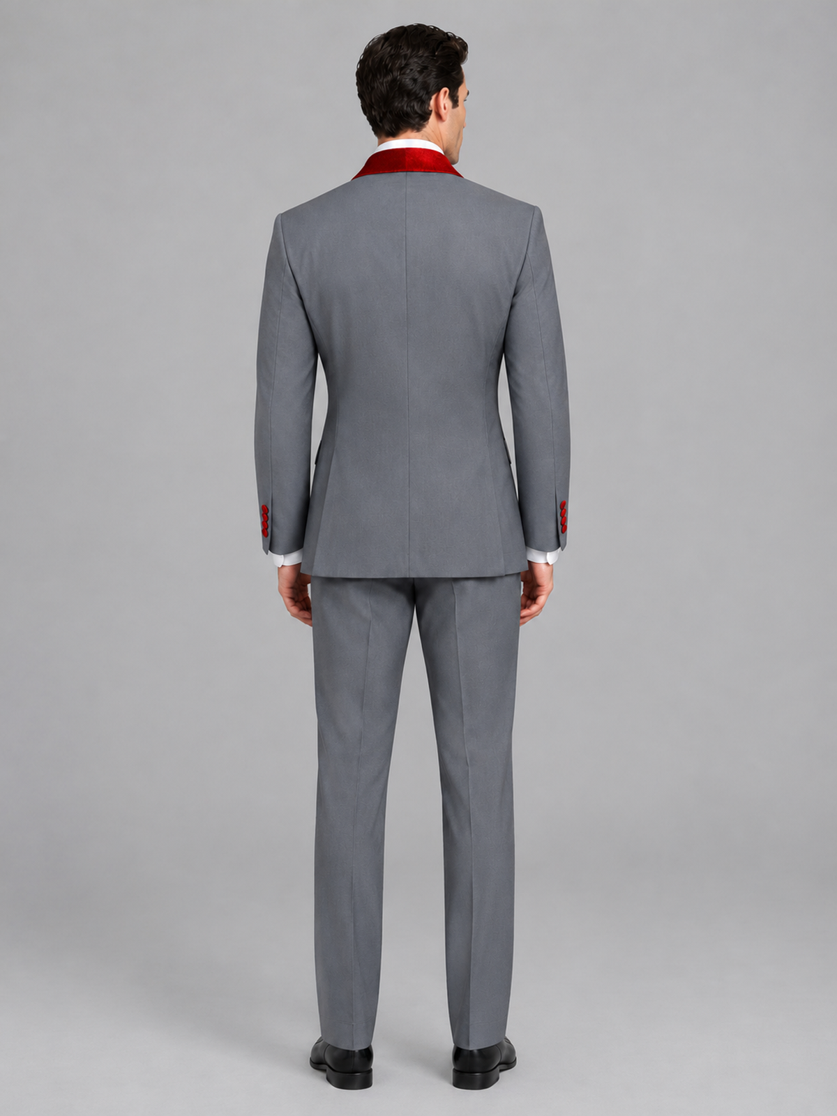 Savile Men's Gray 3-Piece Tuxedo Suit Set – Contrast Red Shawl Lapel Blazer, Red Waistcoat & Trousers - SUC020 - Gray