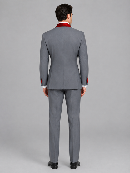 Savile Men's Gray 3-Piece Tuxedo Suit Set – Contrast Red Shawl Lapel Blazer, Red Waistcoat & Trousers - SUC020 - Gray