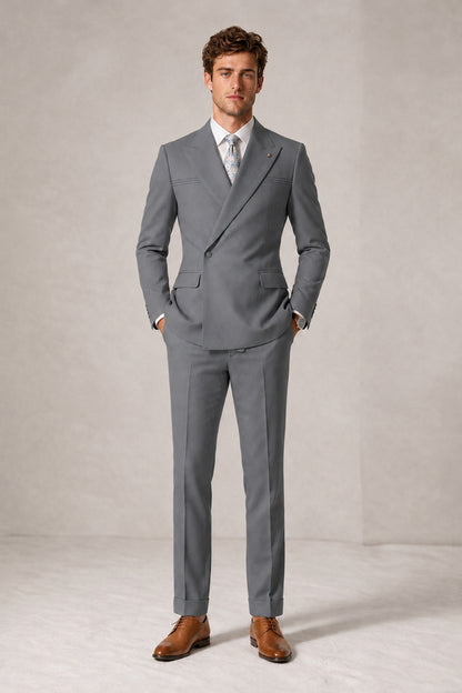 Savile Men's Gray Double-Breasted Slim Fit 2-Piece Suit Set – Peak Lapel Blazer & Cuffed Trousers | Wedding Prom Formal - Gray