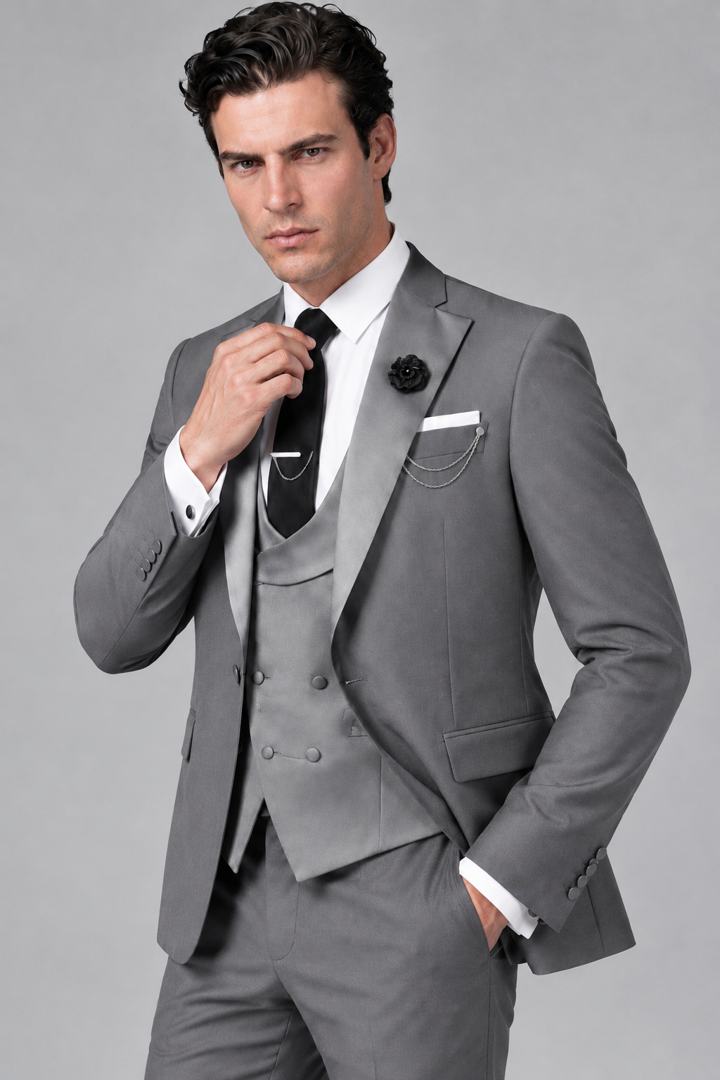 Savile Men's Gray 3-Piece Tuxedo Suit – Contrast Silver Peak Lapel & Grey Vest Formal Set - Gray - Gray_3
