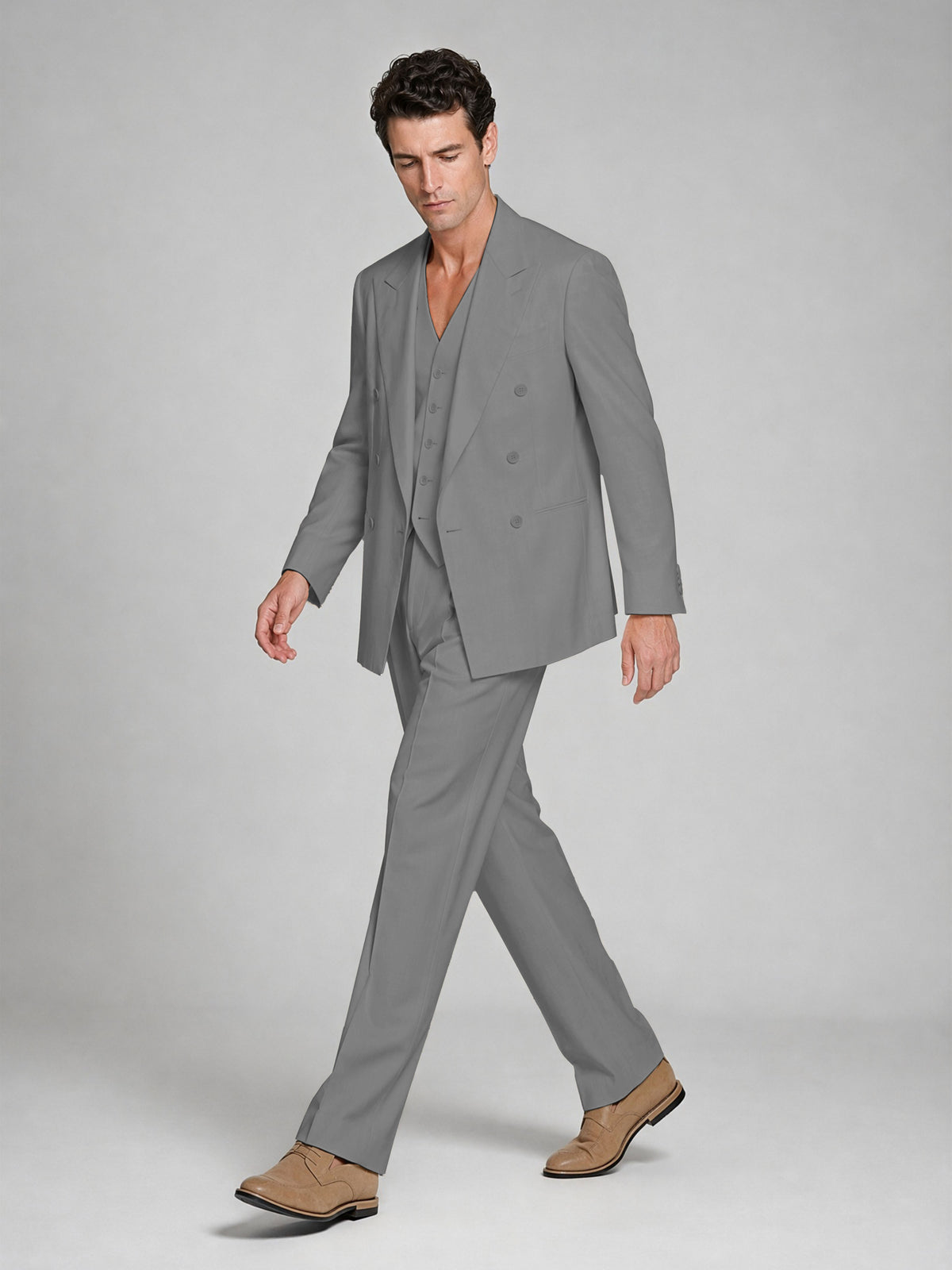 Men's Gray Double-Breasted 2-Piece Suit – Peak Lapel Wedding & Beach Formal Set with Vest - Gray