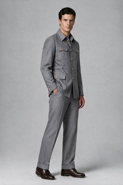 Savile Gray Safari Jacket & Trousers Two-Piece Men's Suit - Gray