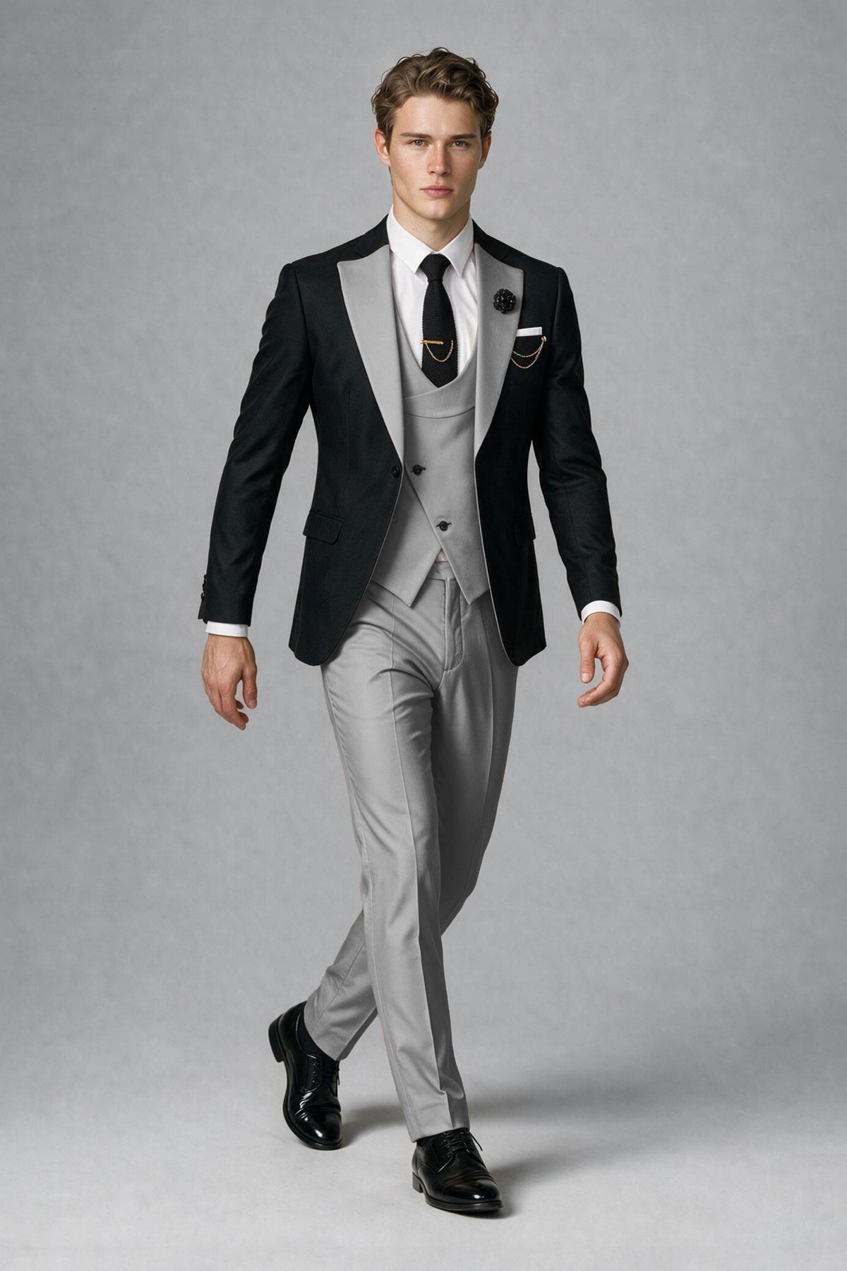 Savile Men's Black & Gray Three-Piece Wedding Suit - Gray