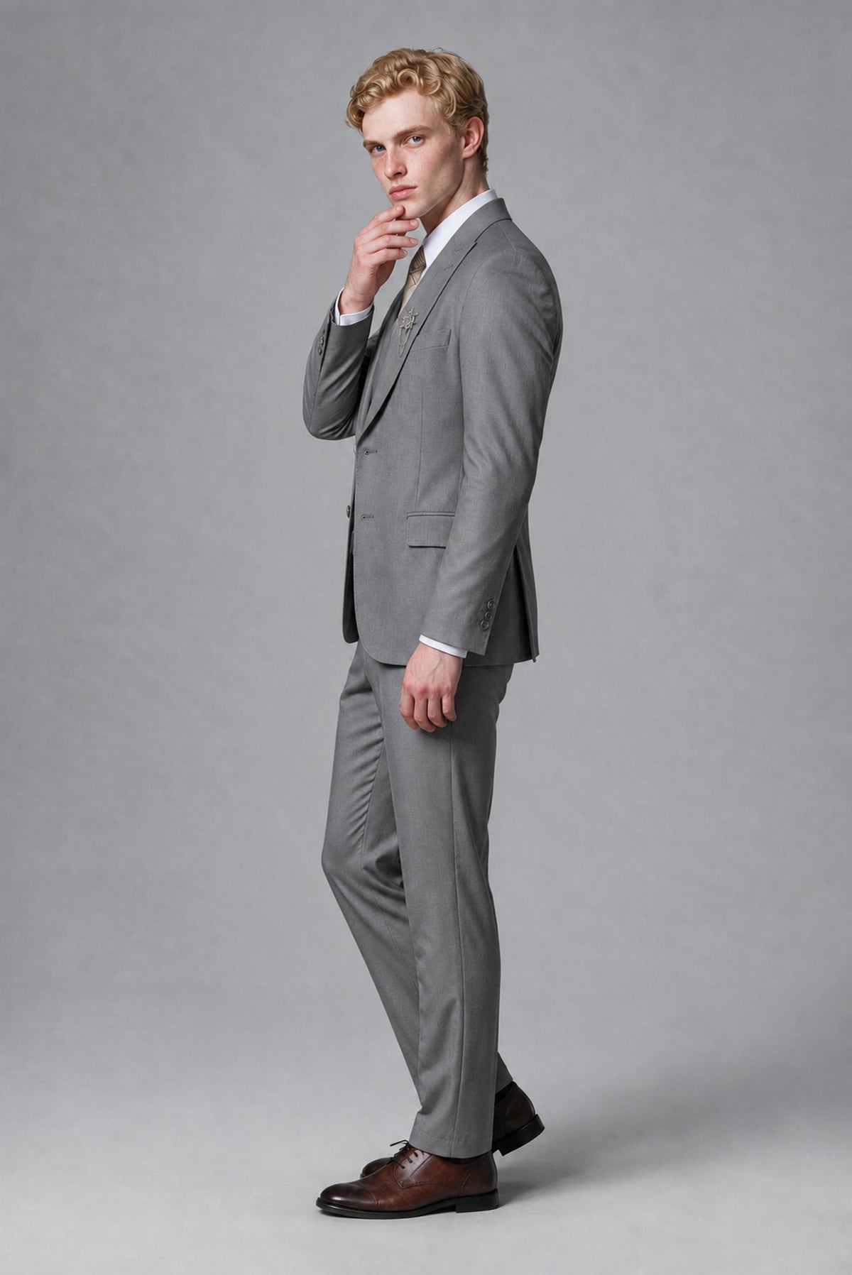 Savile Men's Gray Three-Piece Wedding Suit with Double-Breasted Waistcoat - Gray