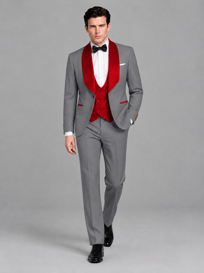 Savile Men's Gray 3-Piece Tuxedo Suit Set – Contrast Red Shawl Lapel Blazer, Red Waistcoat & Trousers - SUC020 - Gray
