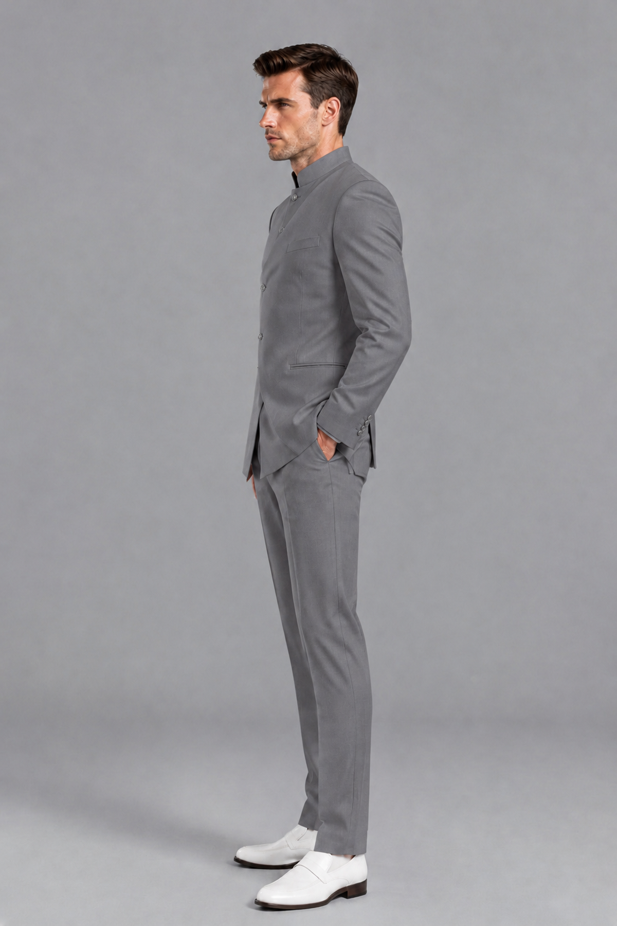 Savile Men's Gray Asymmetrical Mandarin Collar Tuxedo Suit – Modern 2-Piece Gold Button Wedding, Prom & Gala Set - Gray - Gray_4