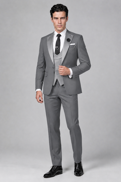 Savile Men's Gray 3-Piece Tuxedo Suit – Contrast Silver Peak Lapel & Grey Vest Formal Set - Gray - Gray_4