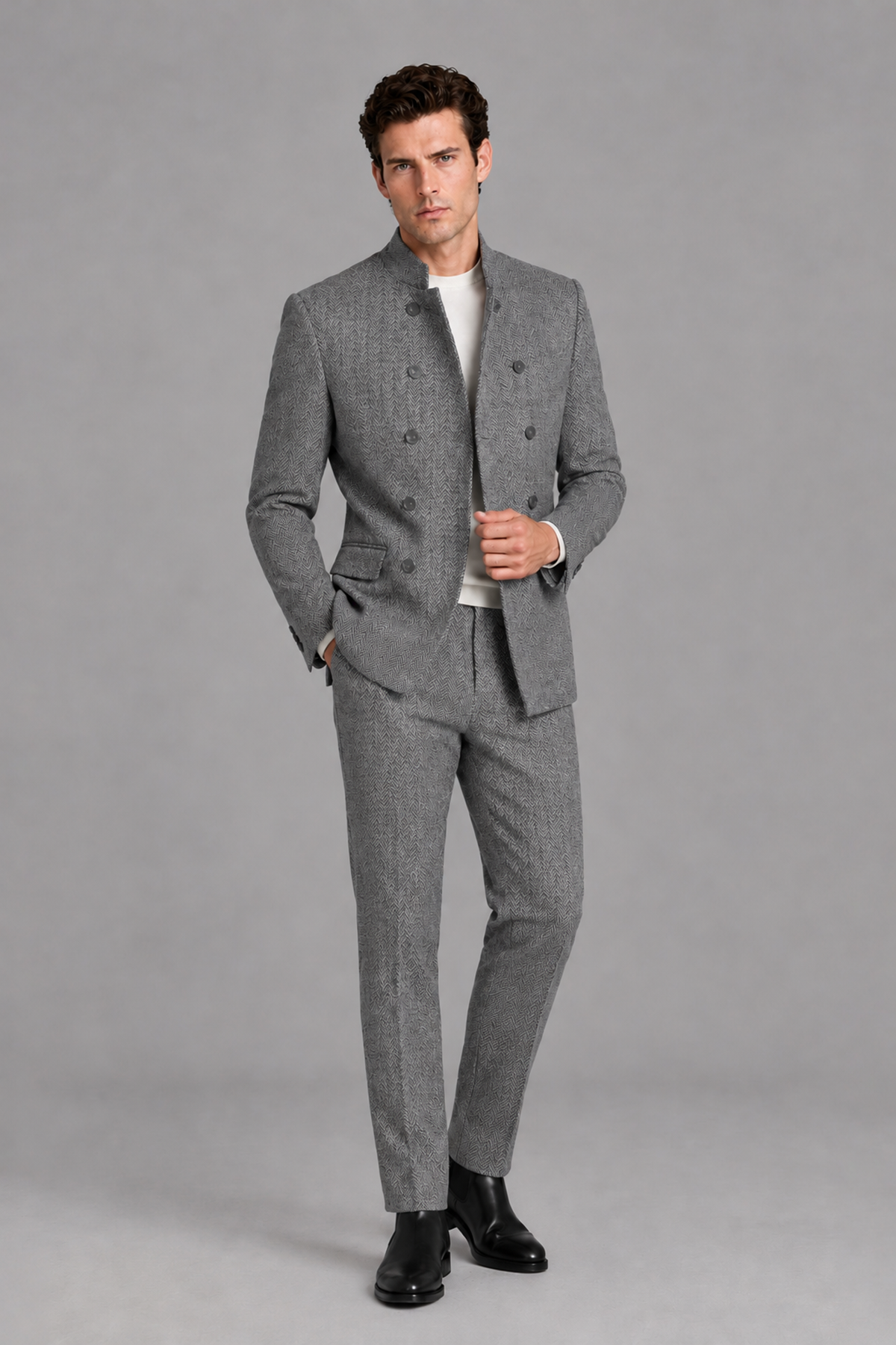 Savile Men's Gray Stand Collar Double Breasted Slim Fit 2-Piece Suit Set – Jacket & Trousers | Wedding Gala Formal - Gray