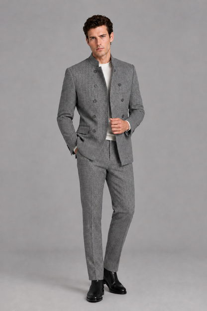 Savile Men's Gray Stand Collar Double Breasted Slim Fit 2-Piece Suit Set – Jacket & Trousers | Wedding Gala Formal - Gray