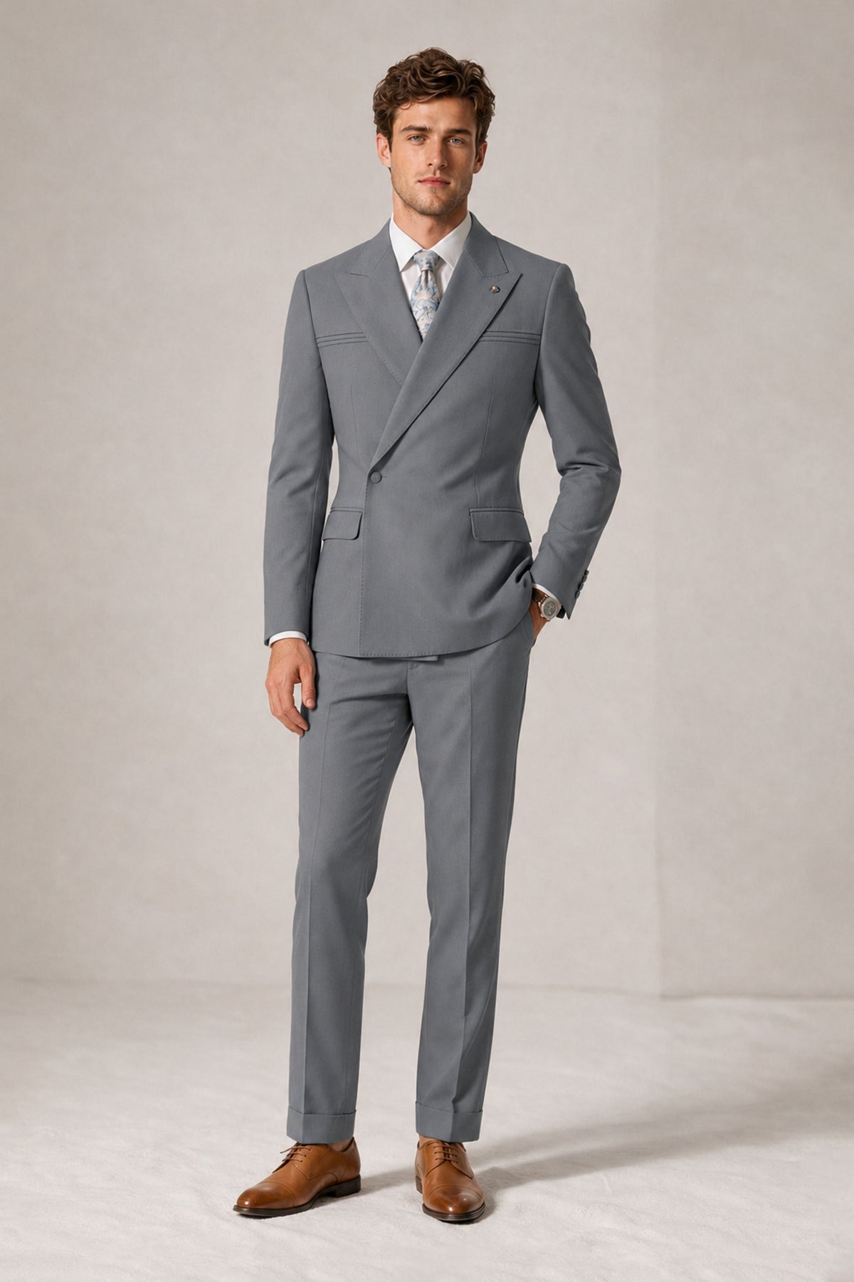 Savile Men's Gray Double-Breasted Slim Fit 2-Piece Suit Set – Peak Lapel Blazer & Cuffed Trousers | Wedding Prom Formal - Gray