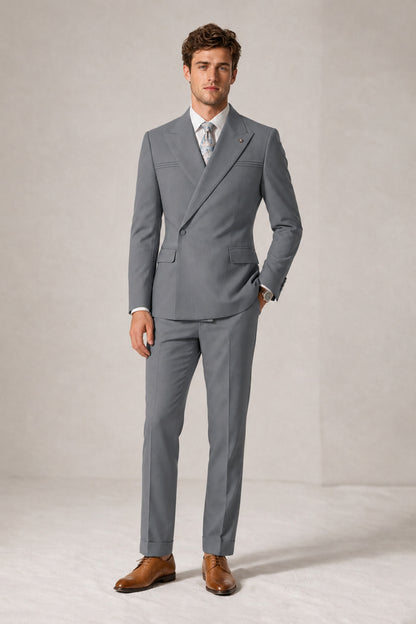 Savile Men's Gray Double-Breasted Slim Fit 2-Piece Suit Set – Peak Lapel Blazer & Cuffed Trousers | Wedding Prom Formal - Gray