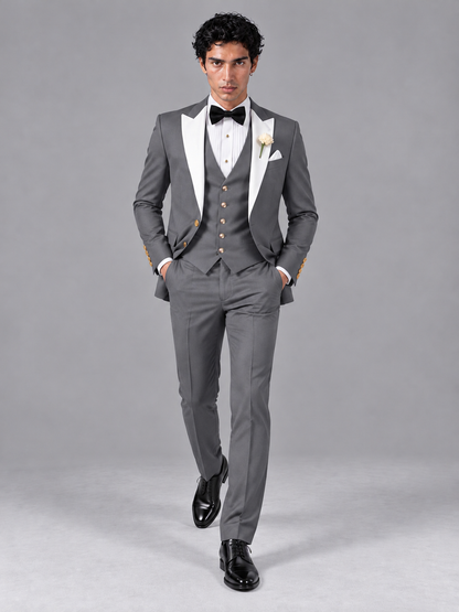 Savile Men's Gray Contrast White Peak Lapel 3-Piece Tuxedo Suit - Gray