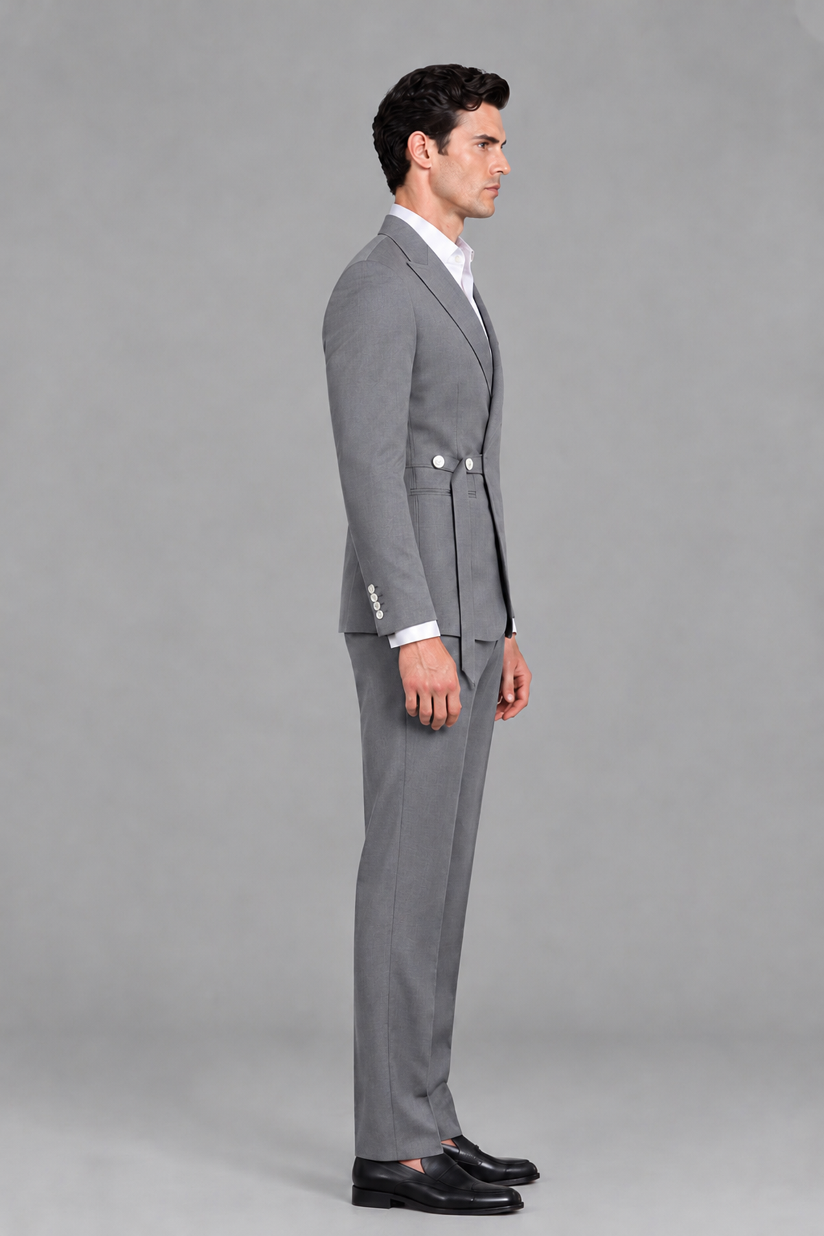 Savile Men's Modern Gray 2-Piece Wrap Suit Set – Peak Lapel Side-Button Blazer & Tailored Trousers - Gray - Gray_4
