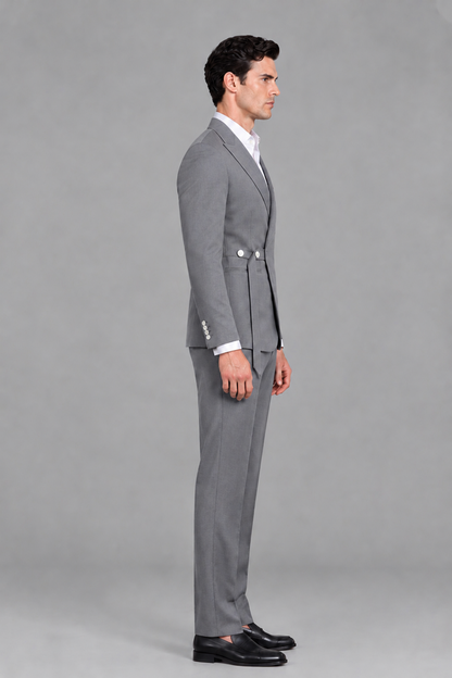 Savile Men's Modern Gray 2-Piece Wrap Suit Set – Peak Lapel Side-Button Blazer & Tailored Trousers - Gray - Gray_4