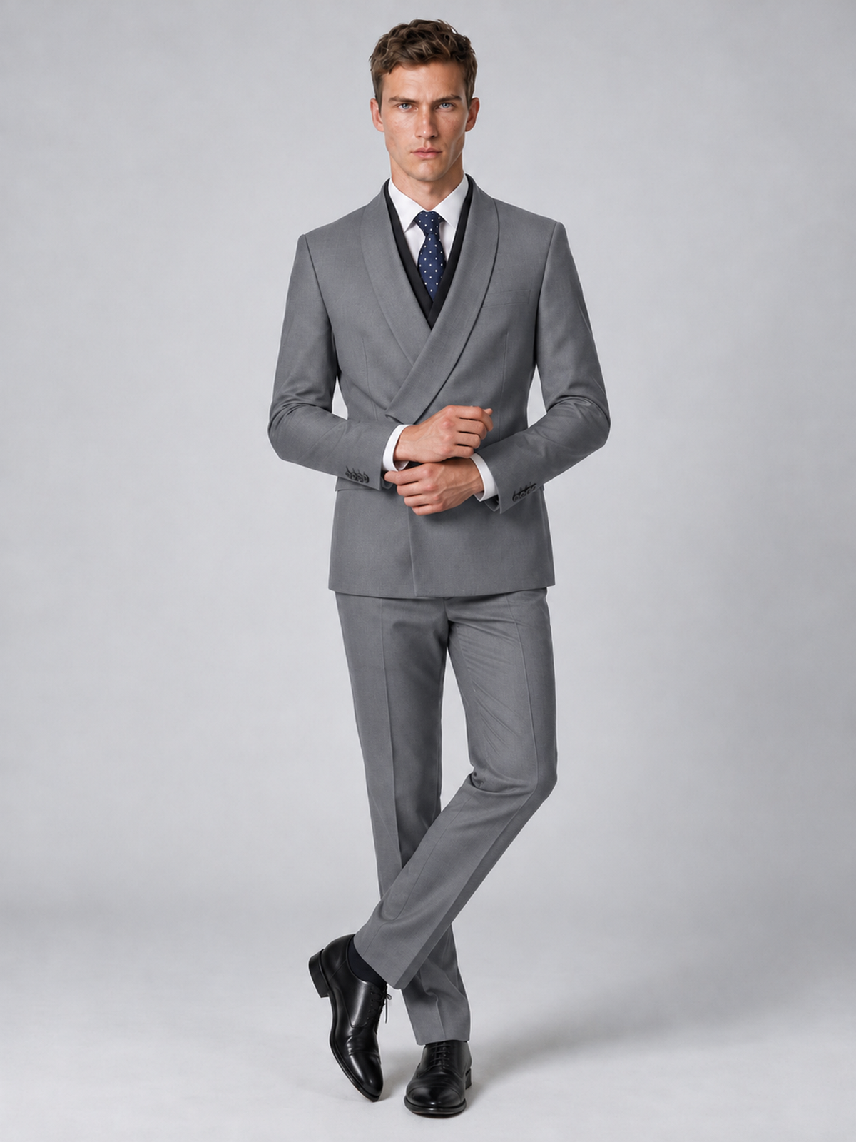 Savile Men's Gray Wrap Shawl Lapel 2-Piece Suit Set – Modern Jacket & Trousers - Gray - Gray_4