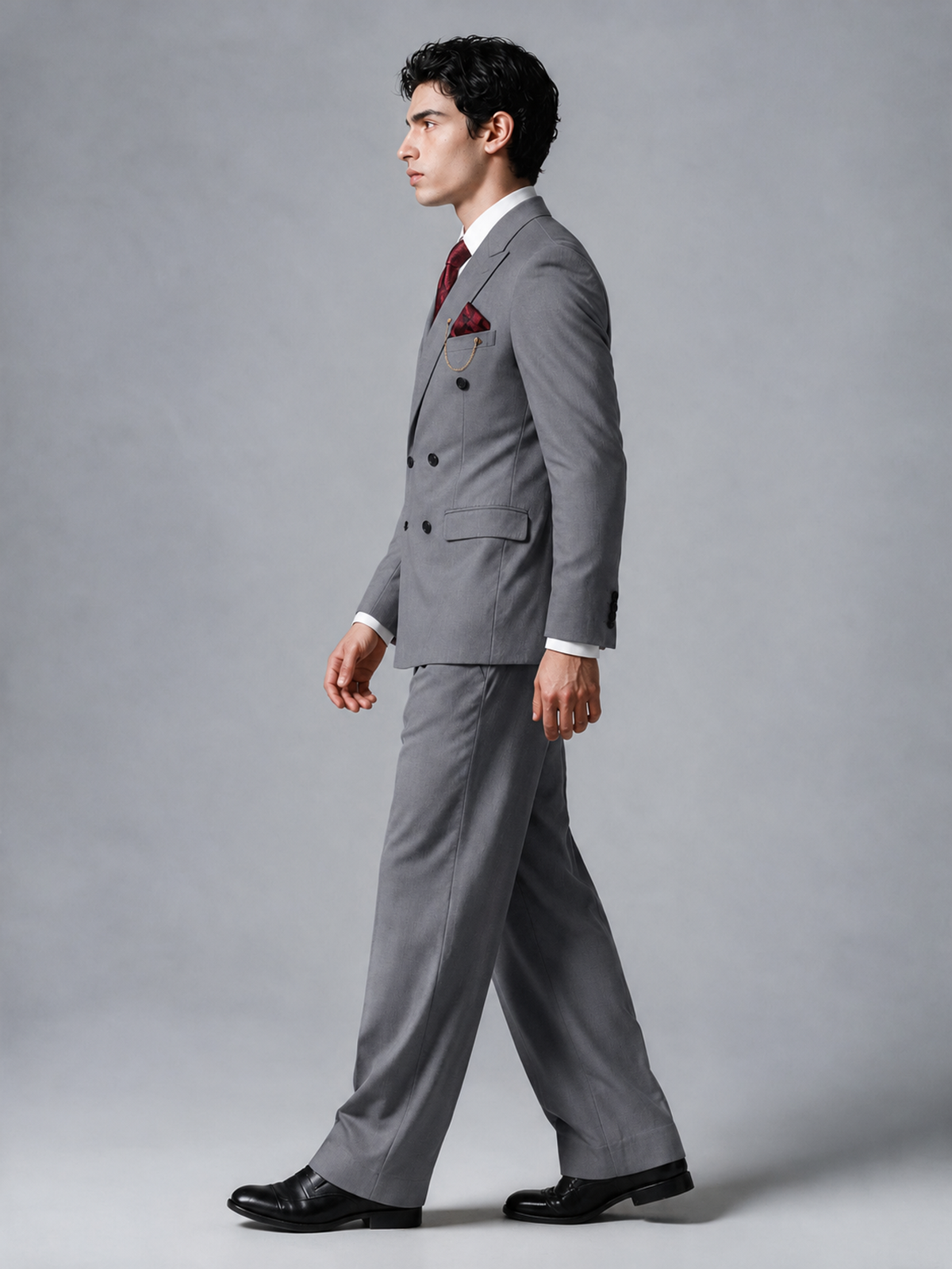 Savile Men's Gray Double-Breasted 2-Piece Suit Set – Peak Lapel Blazer & Pleated Wide-Leg Trousers - Gray - Gray_4