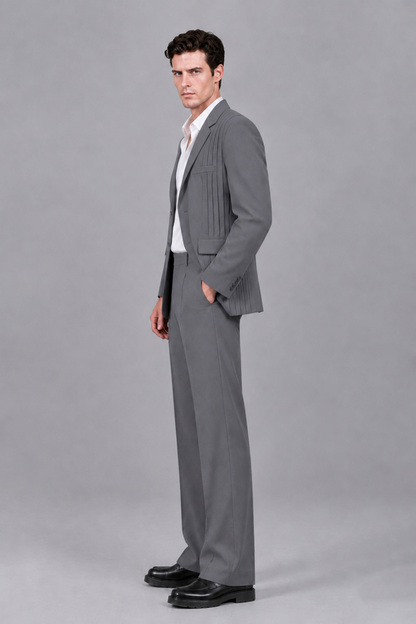 Savile Men's Gray Pleated 2-Piece Suit Set | Notch Lapel Blazer & Tailored Trousers - Gray - Gray_4
