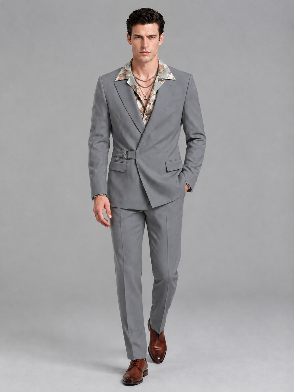 Savile Men's Gray Belted Wrap 2-Piece Suit – Peak Lapel Blazer & Tailored Trousers - SUC060 - Gray - Gray_4