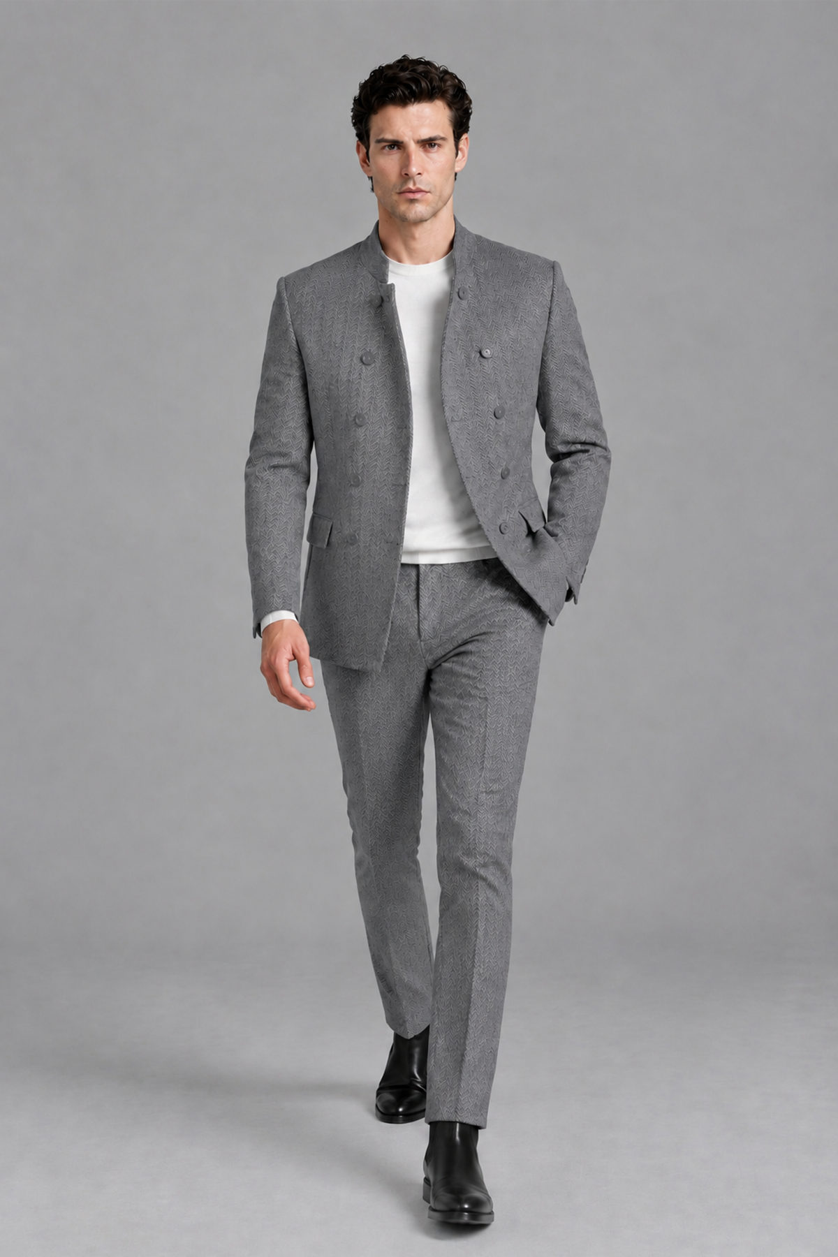 Savile Men's Gray Stand Collar Double Breasted Slim Fit 2-Piece Suit Set – Jacket & Trousers | Wedding Gala Formal - Gray