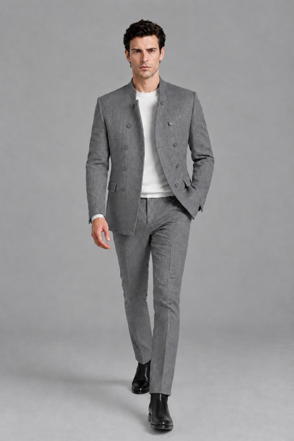 Savile Men's Gray Stand Collar Double Breasted Slim Fit 2-Piece Suit Set – Jacket & Trousers | Wedding Gala Formal - Gray