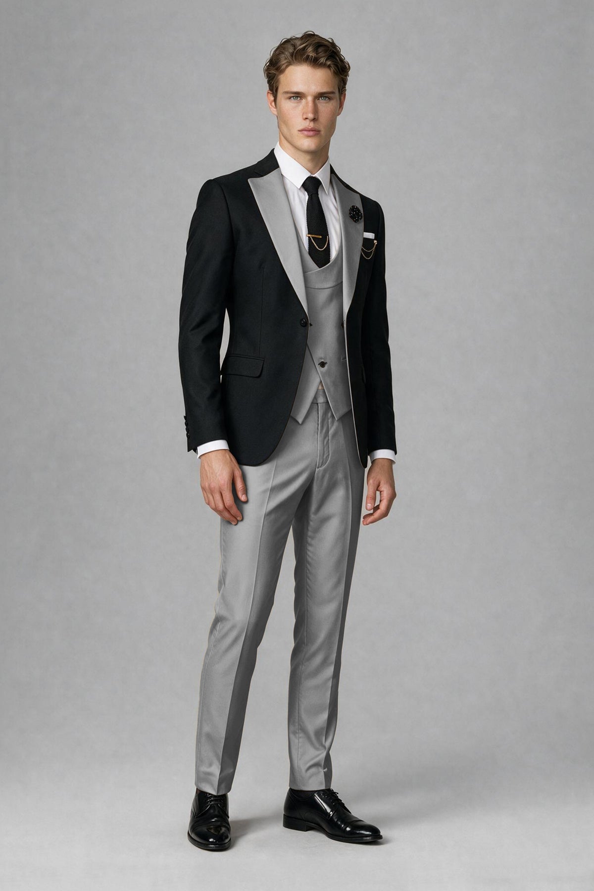 Savile Men's Black & Gray Three-Piece Wedding Suit - Gray