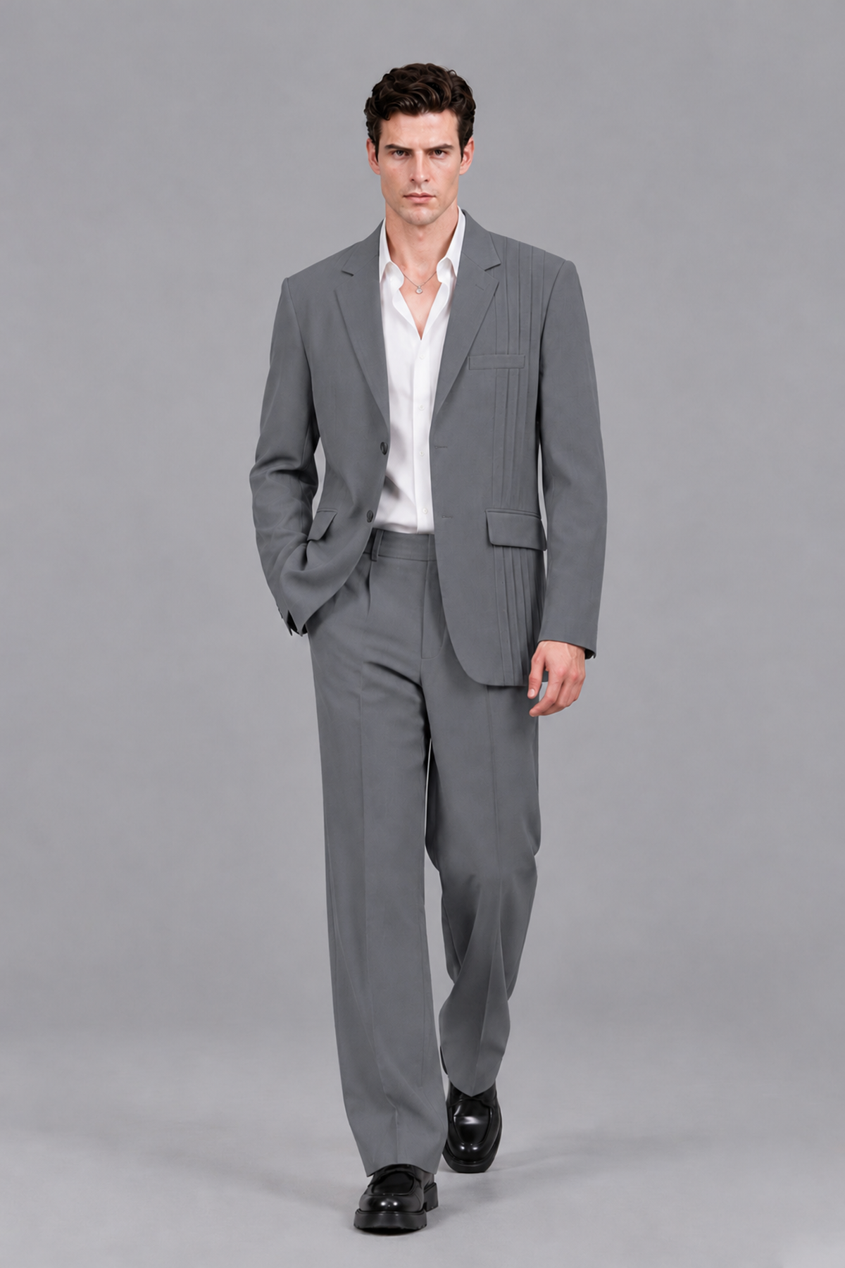 Savile Men's Gray Pleated 2-Piece Suit Set | Notch Lapel Blazer & Tailored Trousers - Gray - Gray_5