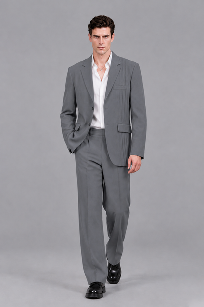 Savile Men's Gray Pleated 2-Piece Suit Set | Notch Lapel Blazer & Tailored Trousers - Gray - Gray_5
