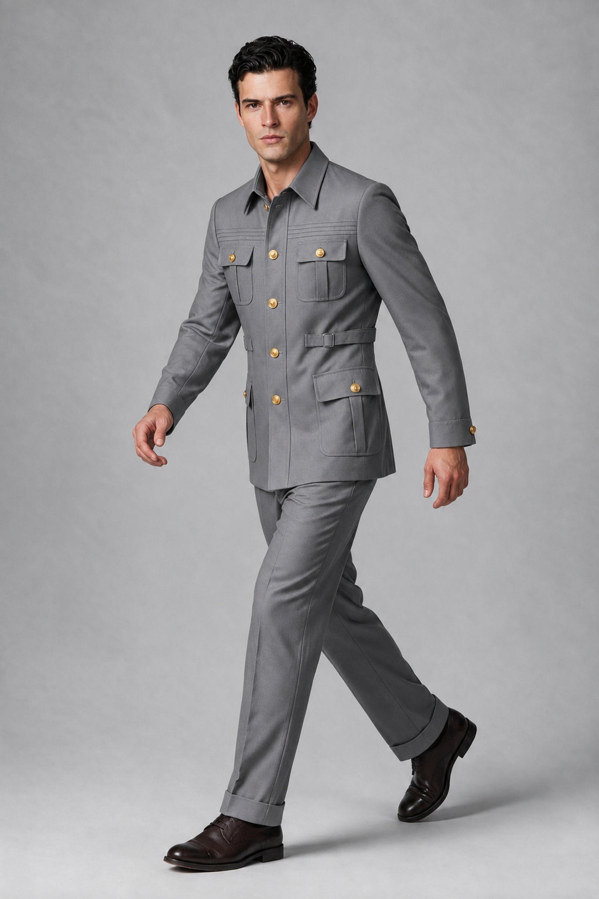 Savile Gray Safari Jacket & Trousers Two-Piece Men's Suit - Gray