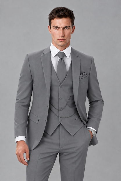 Savile Gray 3-Piece Suit with Notch Lapel & Chain Vest - Gray