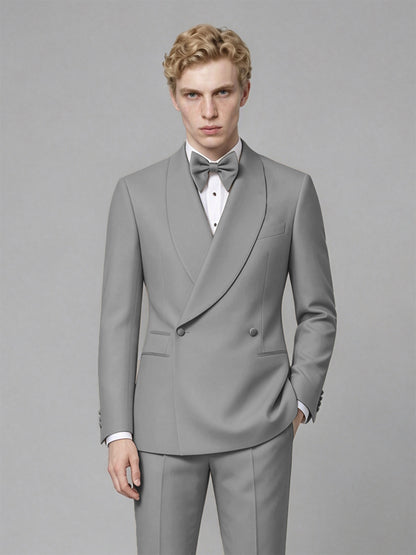 Men's Gray Single-Button Gray Satin Shawl Lapel Tuxedo Suit Set | Blazer & Trousers - Gray