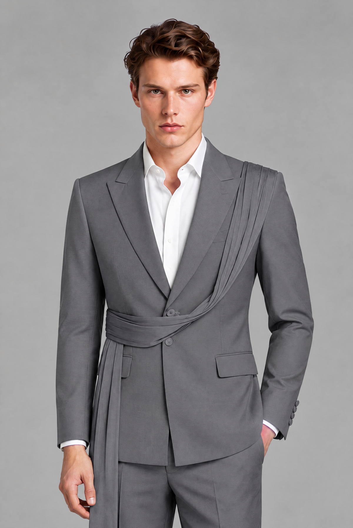 Men's Gray Draped Sash Suit – Peak Lapel 2-Piece Slim Fit Party, Gala & Wedding Set - Gray
