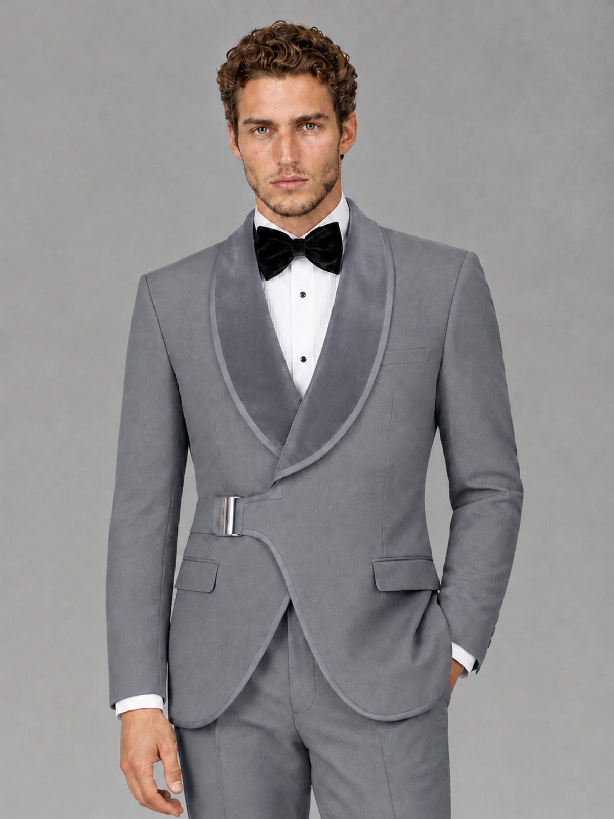 Savile Men's Gray Velvet Shawl Lapel Tuxedo Suit – Modern Side-Buckle Dinner Jacket & Trousers 2-Piece Set - Gray