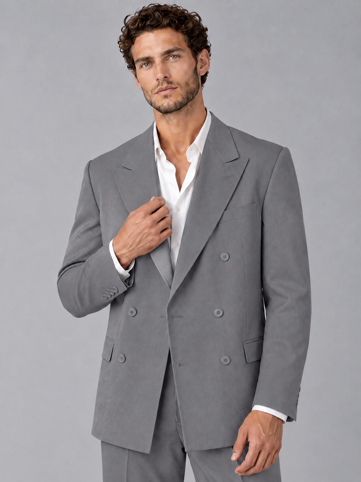 Savile Gray Beige Double-Breasted 2-Piece Suit with Peak Lapel - Gray