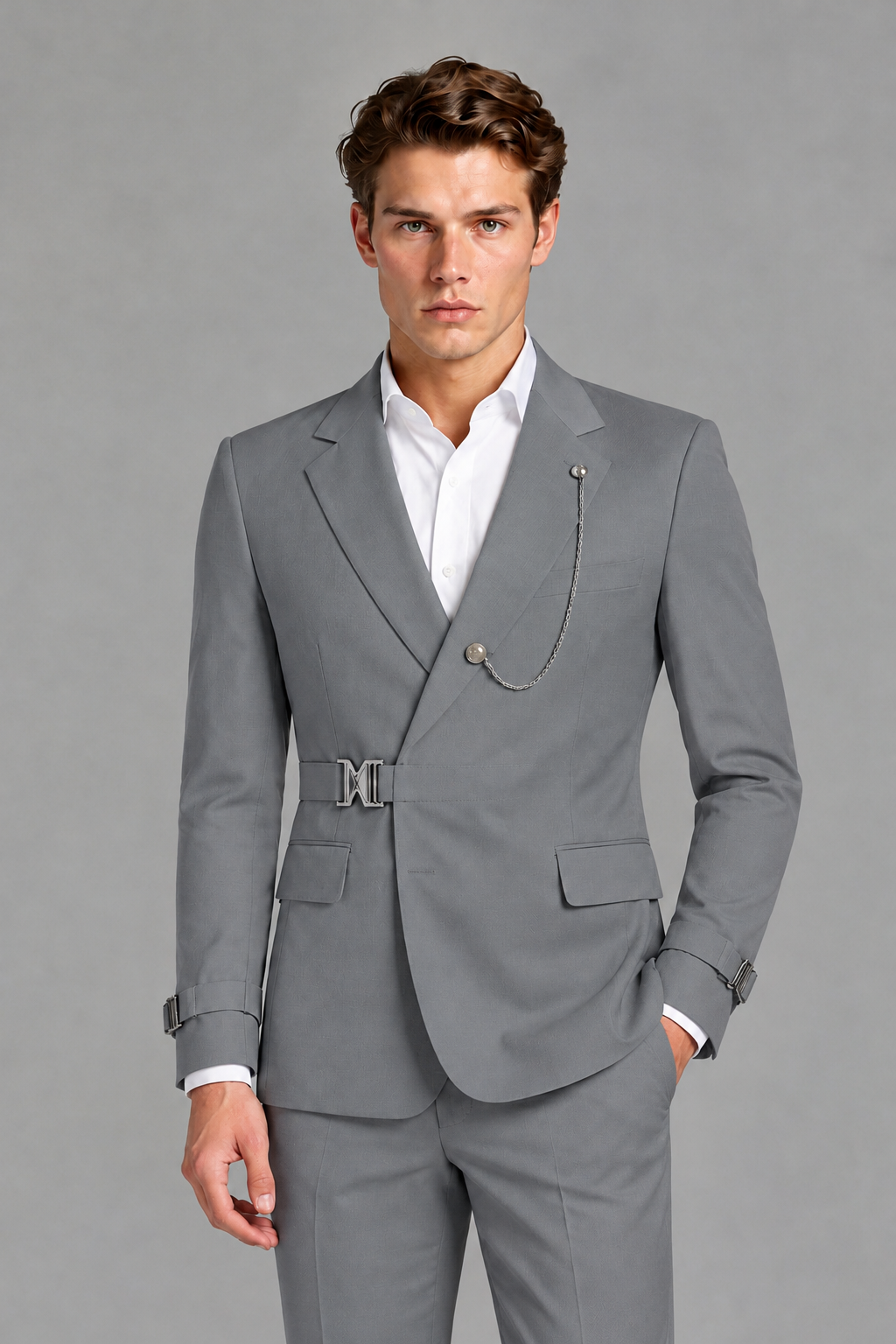 Savile Men's Gray Buckle-Closure 2-Piece Suit Set | Peak Lapel Blazer & Trousers - Gray