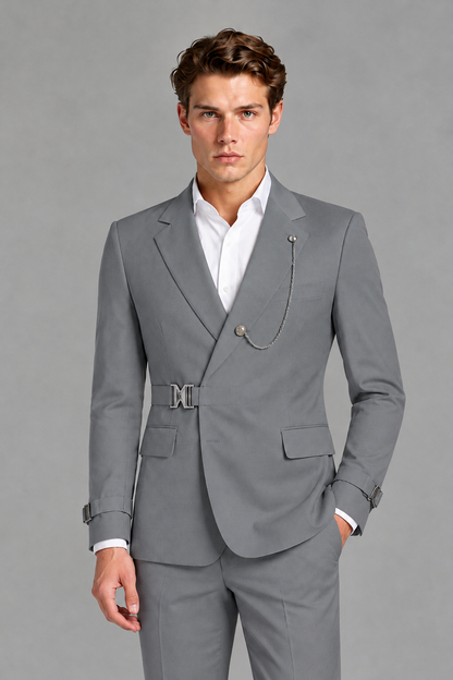 Savile Men's Gray Buckle-Closure 2-Piece Suit Set | Peak Lapel Blazer & Trousers - Gray