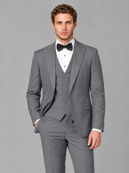 Savile Men's Gray Peak Lapel 3-Piece Tuxedo Suit | Jacket, Vest & Trousers - Gray