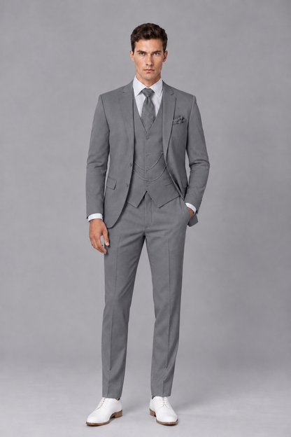 Savile Gray 3-Piece Suit with Notch Lapel & Chain Vest - Gray