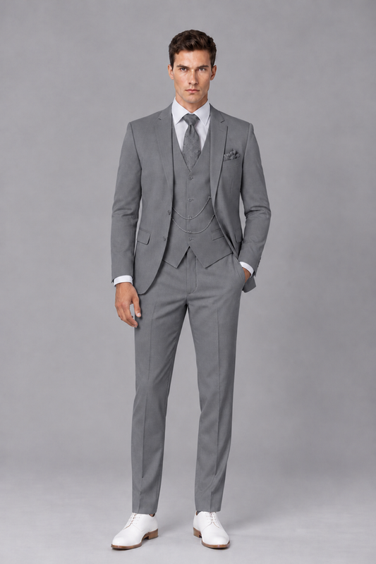 Savile Gray 3-Piece Suit with Notch Lapel & Chain Vest - Gray