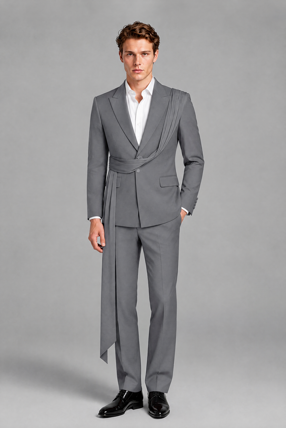 Men's Gray Draped Sash Suit – Peak Lapel 2-Piece Slim Fit Party, Gala & Wedding Set - Gray