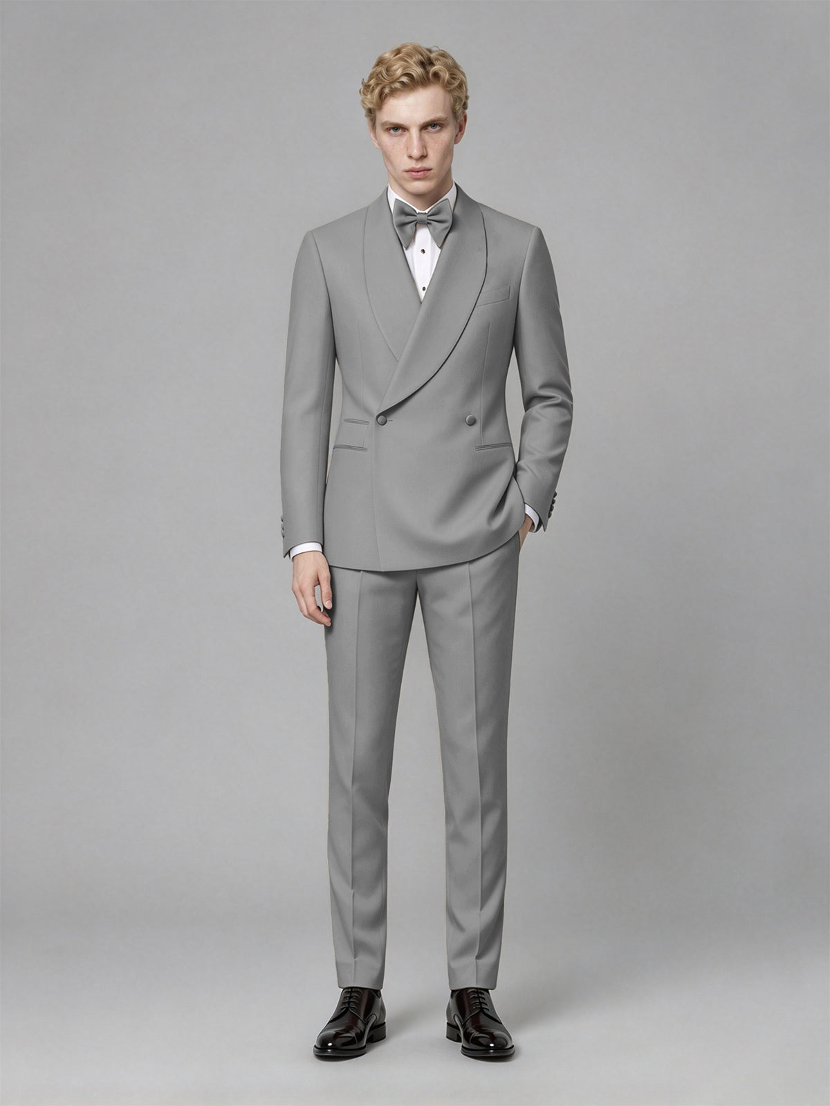 Men's Gray Single-Button Gray Satin Shawl Lapel Tuxedo Suit Set | Blazer & Trousers - Gray