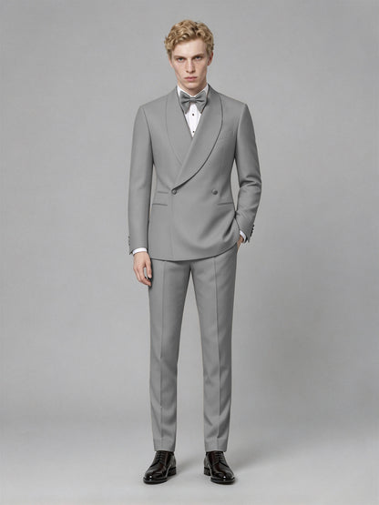 Men's Gray Single-Button Gray Satin Shawl Lapel Tuxedo Suit Set | Blazer & Trousers - Gray